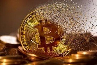 A large-scale Bitcoin mining farm with rows of servers.