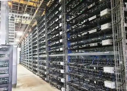 A busy mining farm with rows of miners operating
